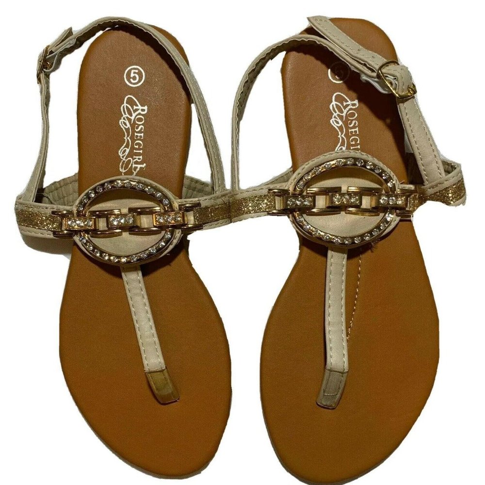 Rosegirl Tan Thong Strap Sandals Gold Sequence